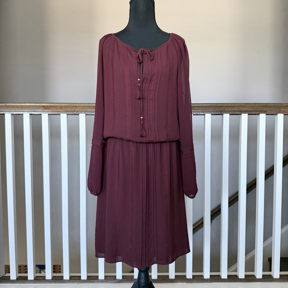 White House Black Market WHBM Burgundy Peasant Tassel Dress M Fairy Goth Boho